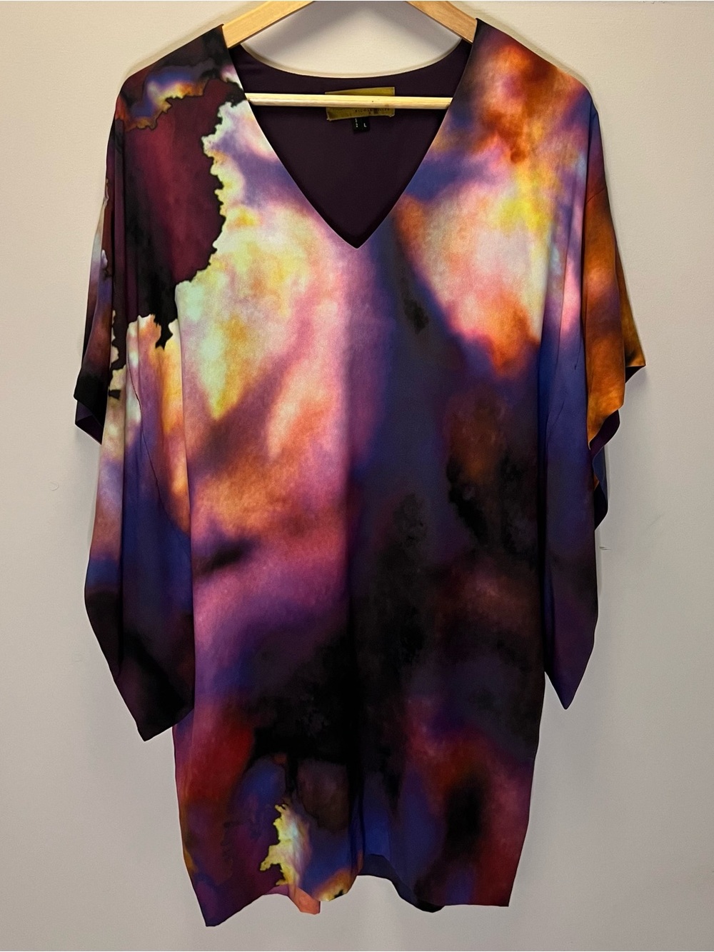 Nicole Miller Galaxy / Geode Print Silk V-Neck Dress with short, winged sleeves